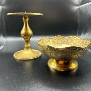 Elegant Vintage Brass Gold Decorative Bowl and Candle Pedestal